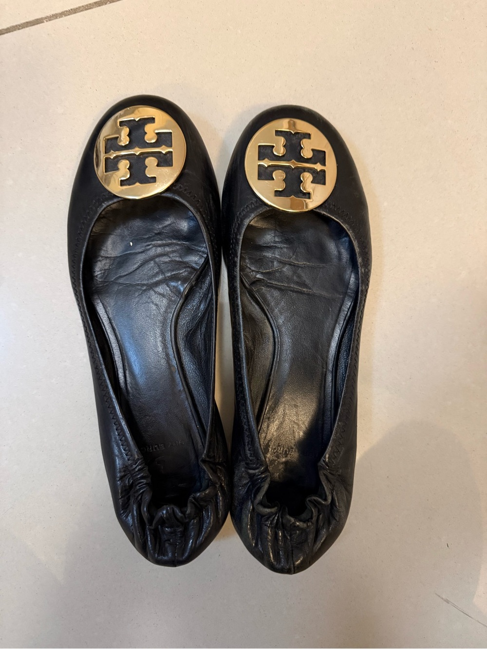 Tory Burch Black Leather Ballet Flats with Gold Logo